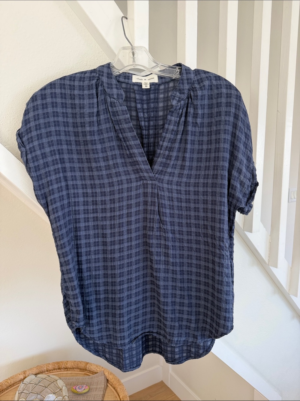 Cloth and stone Navy Check V-Neck Short Sleeve Blouse